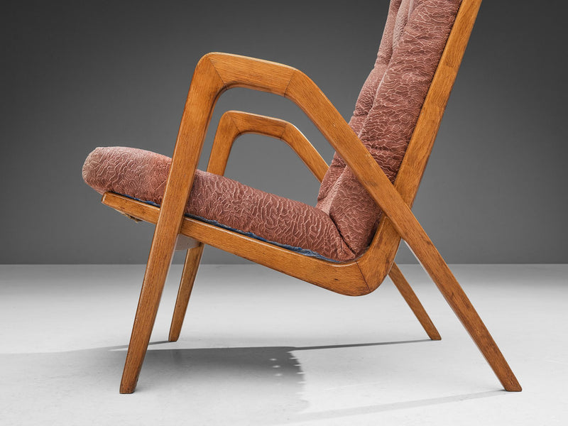 Sculptural Lounge Chair in Oak and Burgundy Upholstery
