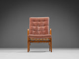 Sculptural Lounge Chair in Oak and Burgundy Upholstery