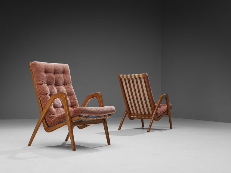 Sculptural Pair of Lounge Chairs in Oak and Burgundy Upholstery