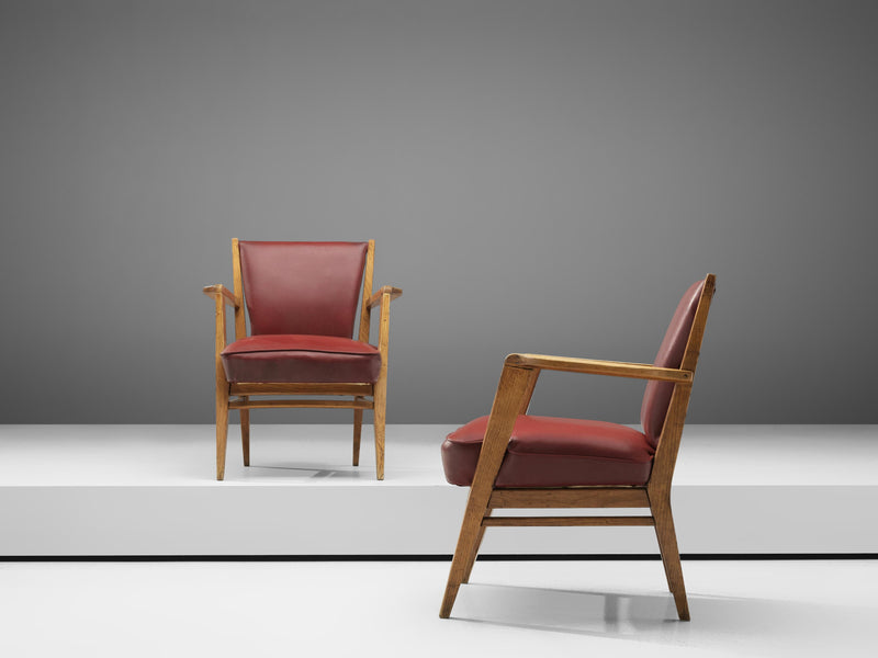 BBPR Pair of Lounge Chairs in Burgundy Upholstery and Oak