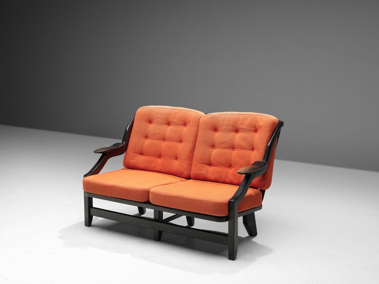 Guillerme & Chambron 'Gregoire' Sofa in Oak and Orange Red Upholstery