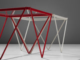 Pair of Stackable Side Tables in Red and White Metal with Glass Tops