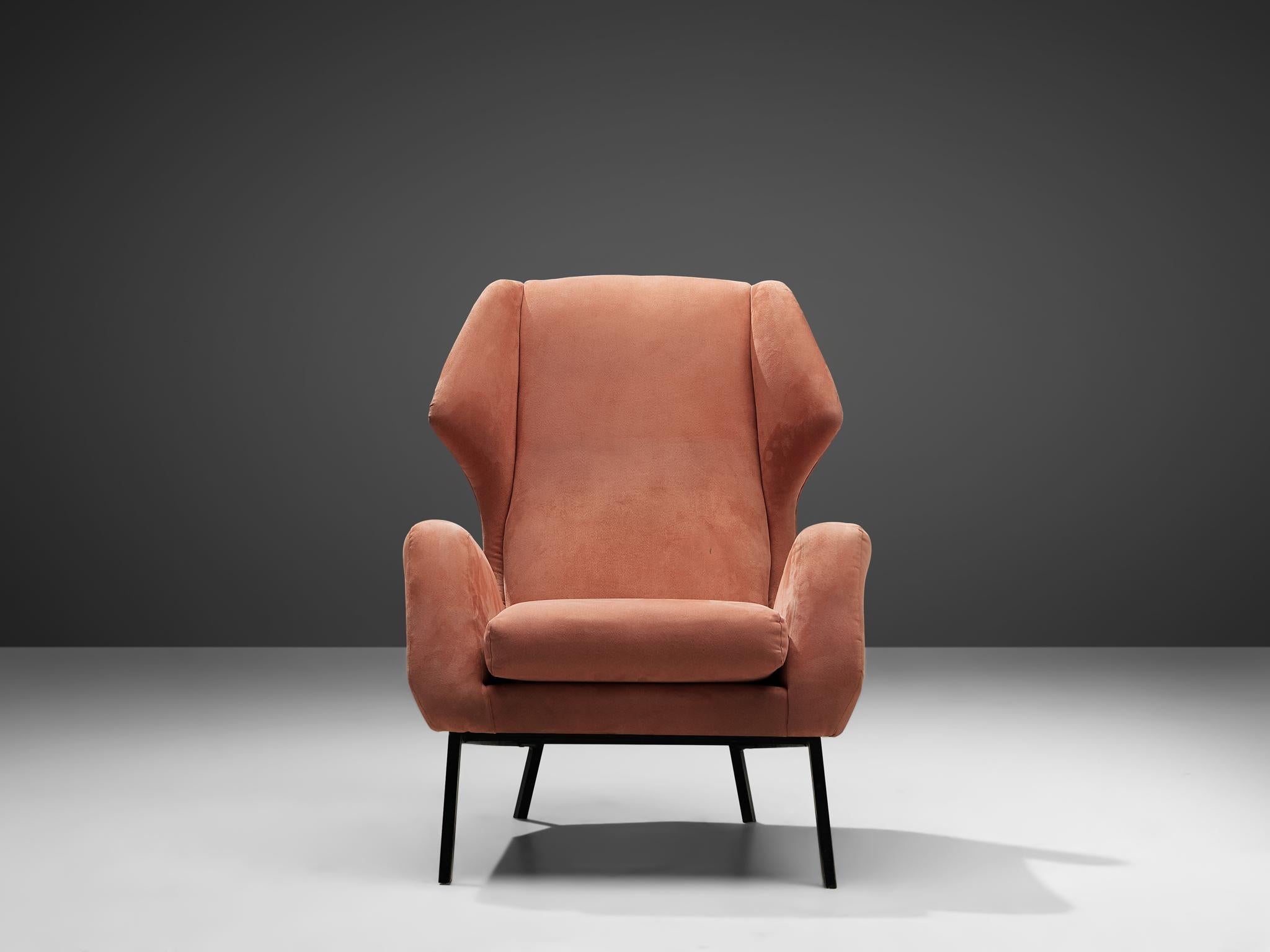 Italian Wingback Chair in Salmon Pink Upholstery
