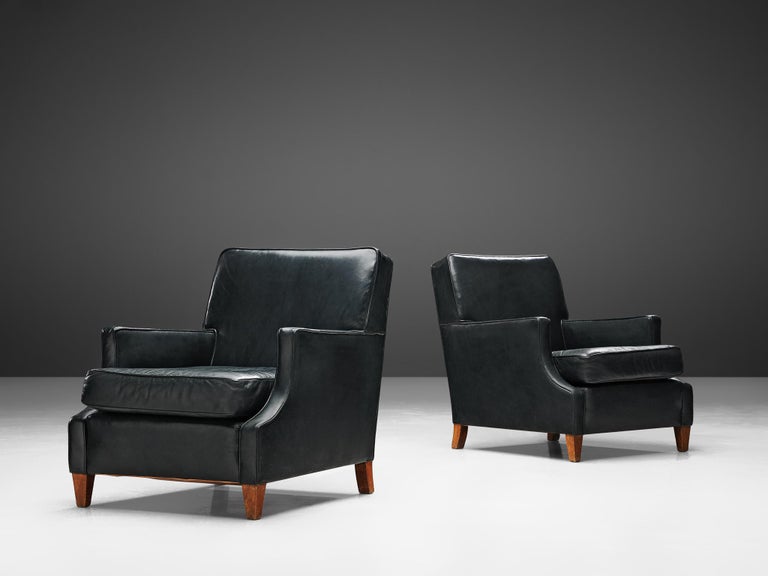 Danish Pair of Lounge Chairs in Black Leather