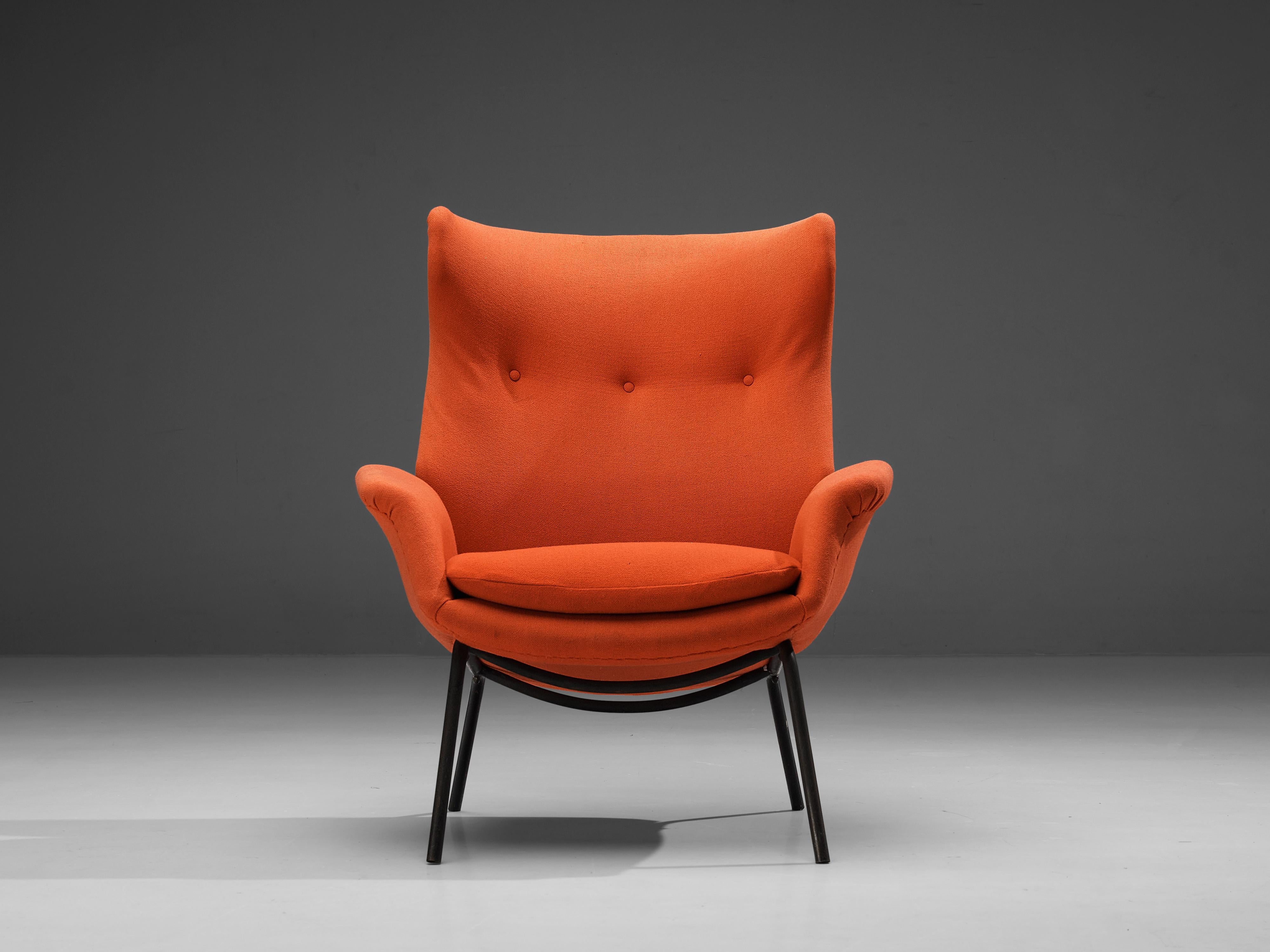 Mid-Century Modern Wingback Chair in Orange Fabric and Metal