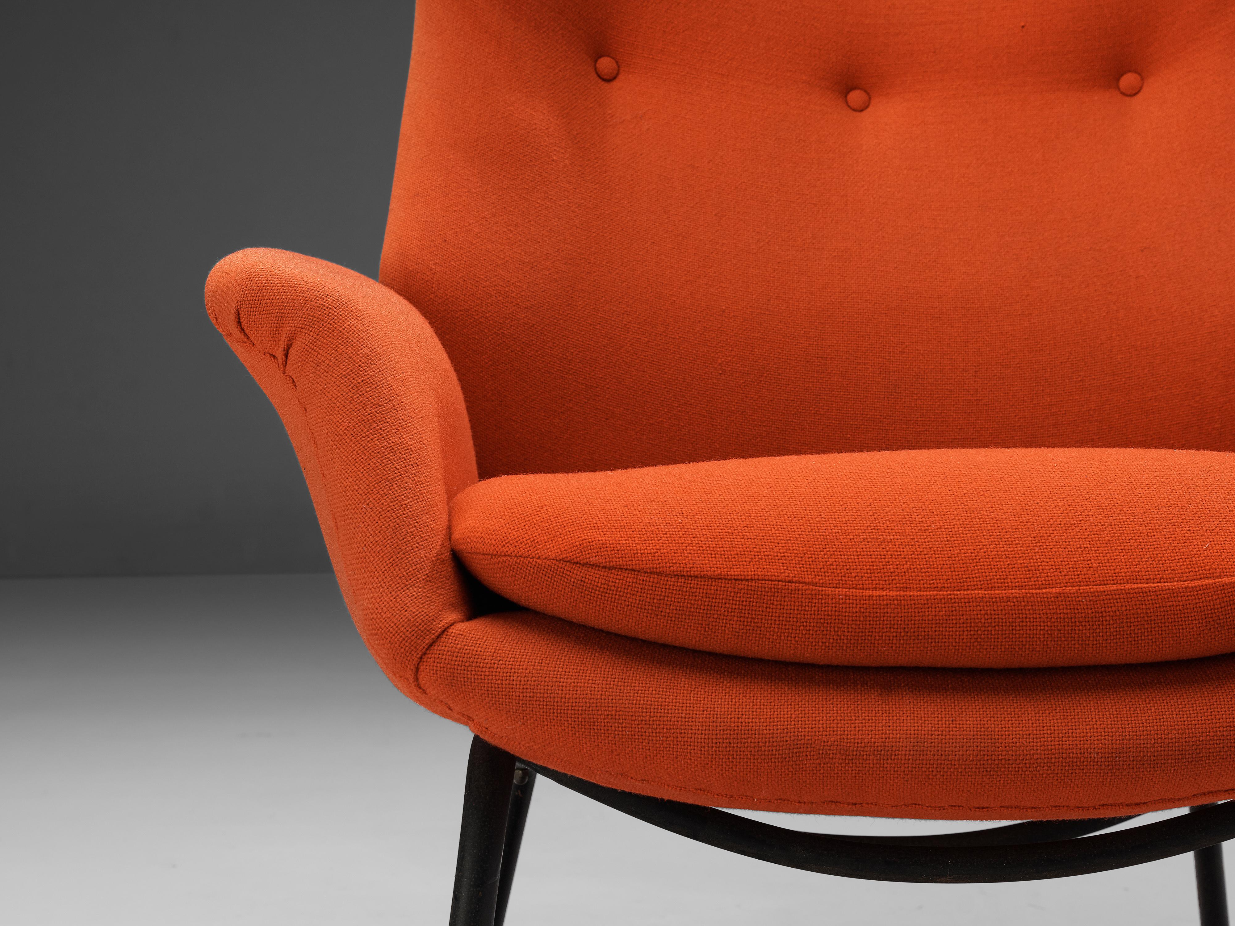 Mid-Century Modern Wingback Chair in Orange Fabric and Metal