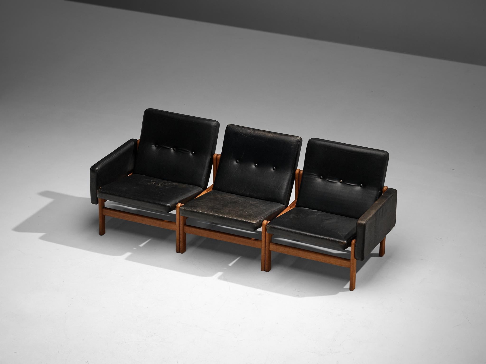 Jørgen Bækmark for FDB Møbler Three Seat Modular Sofa in Oak and Leather