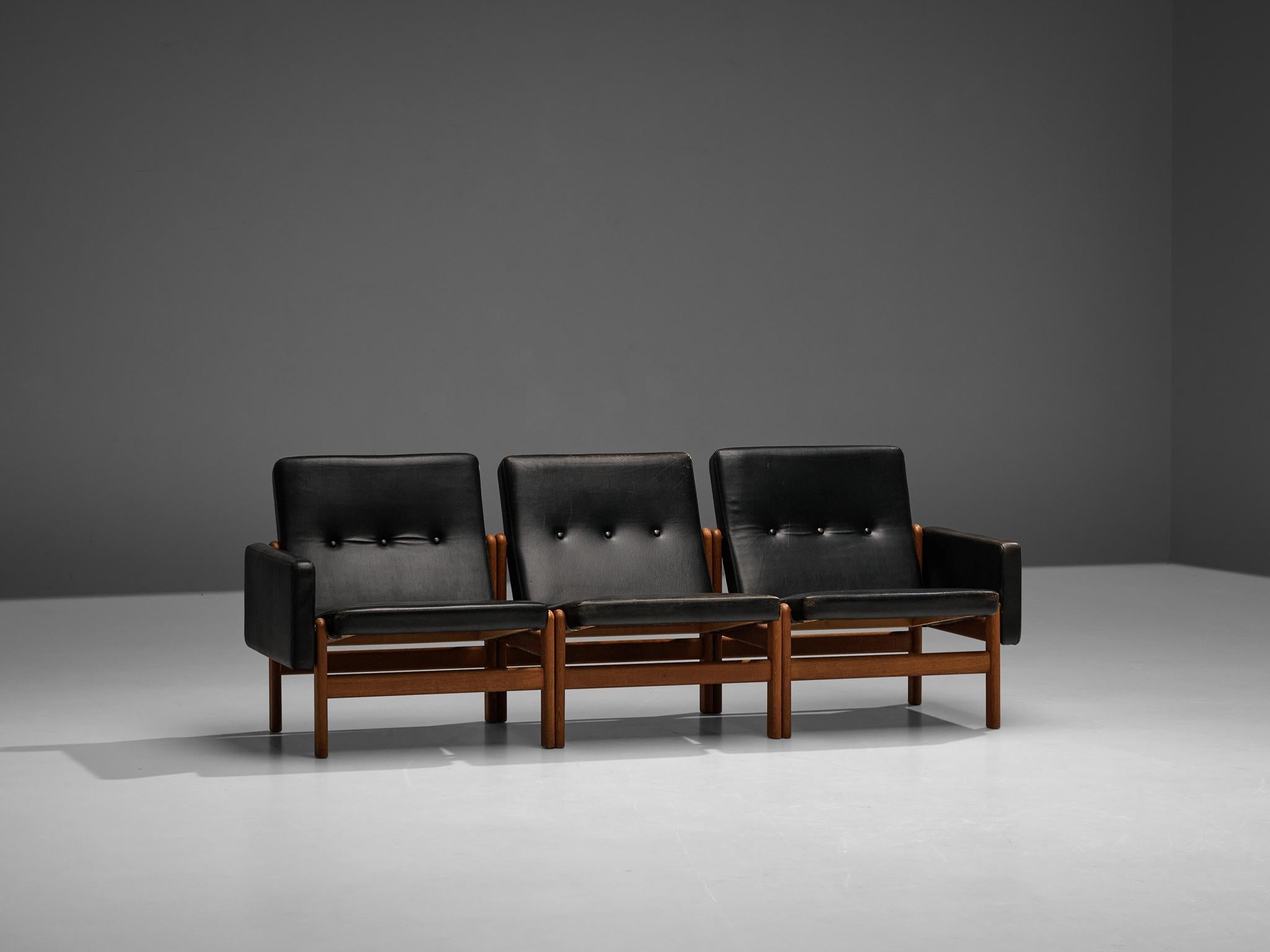 Jørgen Bækmark for FDB Møbler Three Seat Modular Sofa in Oak and Leather