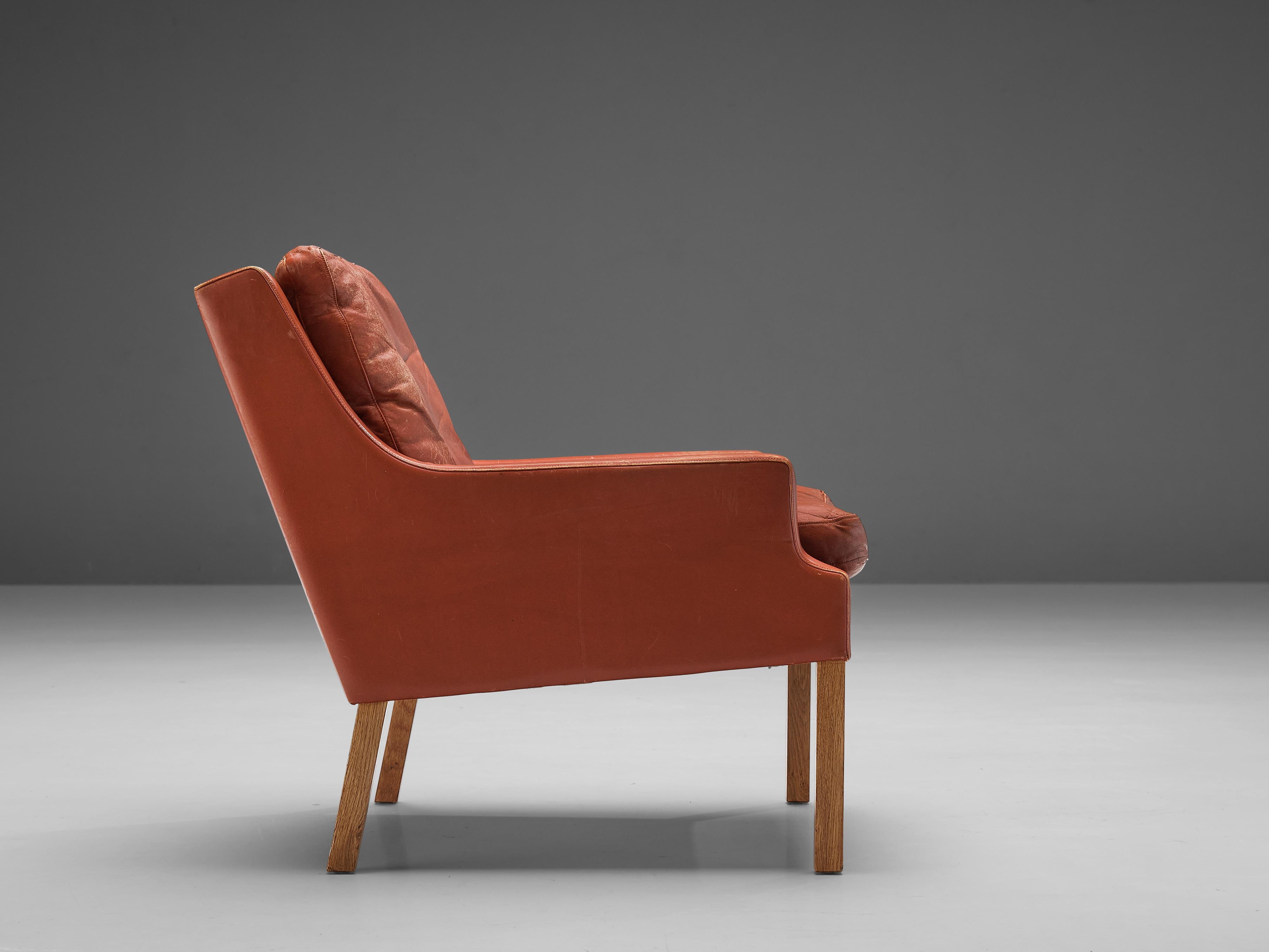Danish Lounge Chair in Oak and Patinated Red Leather