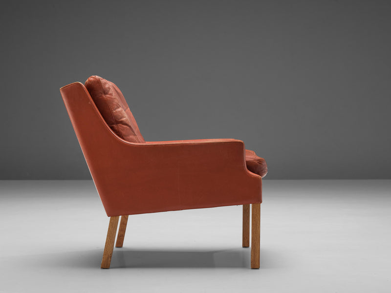 Danish Lounge Chair in Oak and Patinated Red Leather