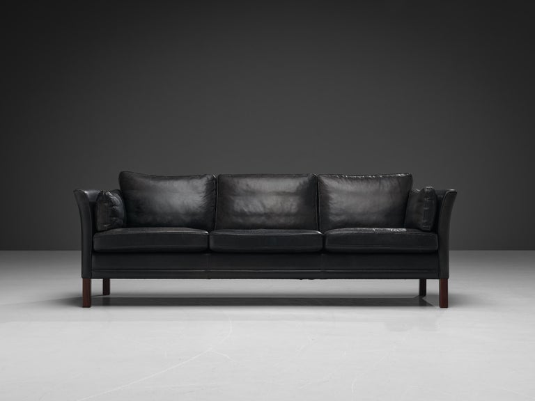 Danish Three Seat Sofa in Black Leather