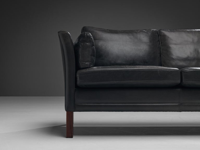 Danish Three Seat Sofa in Black Leather
