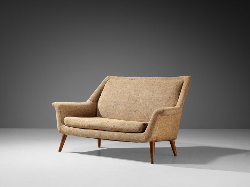 English Mid-Century Modern Sofa in Beige Wool and Teak