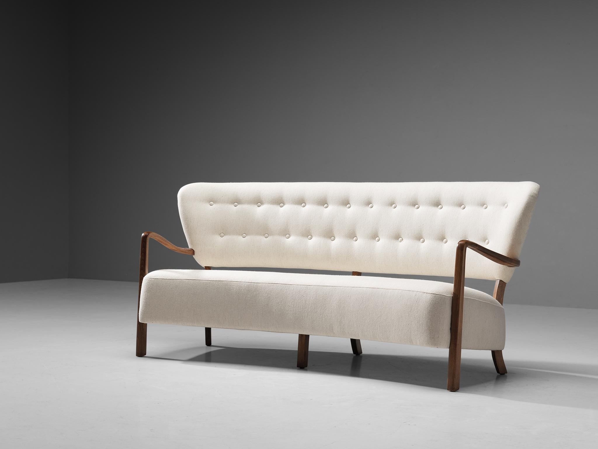 Reupholstered Danish Sofa with Sculptural Frame and White Upholstery