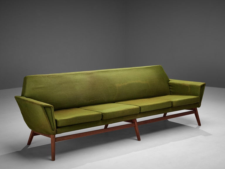 Danish Four Seat Sofa in Teak and Moss Green Upholstery