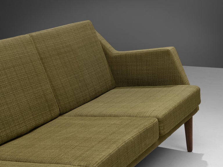 Danish Four Seat Sofa in Teak and Olive Green Upholstery