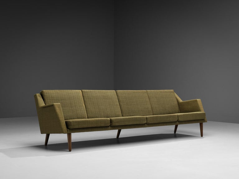 Danish Four Seat Sofa in Teak and Olive Green Upholstery