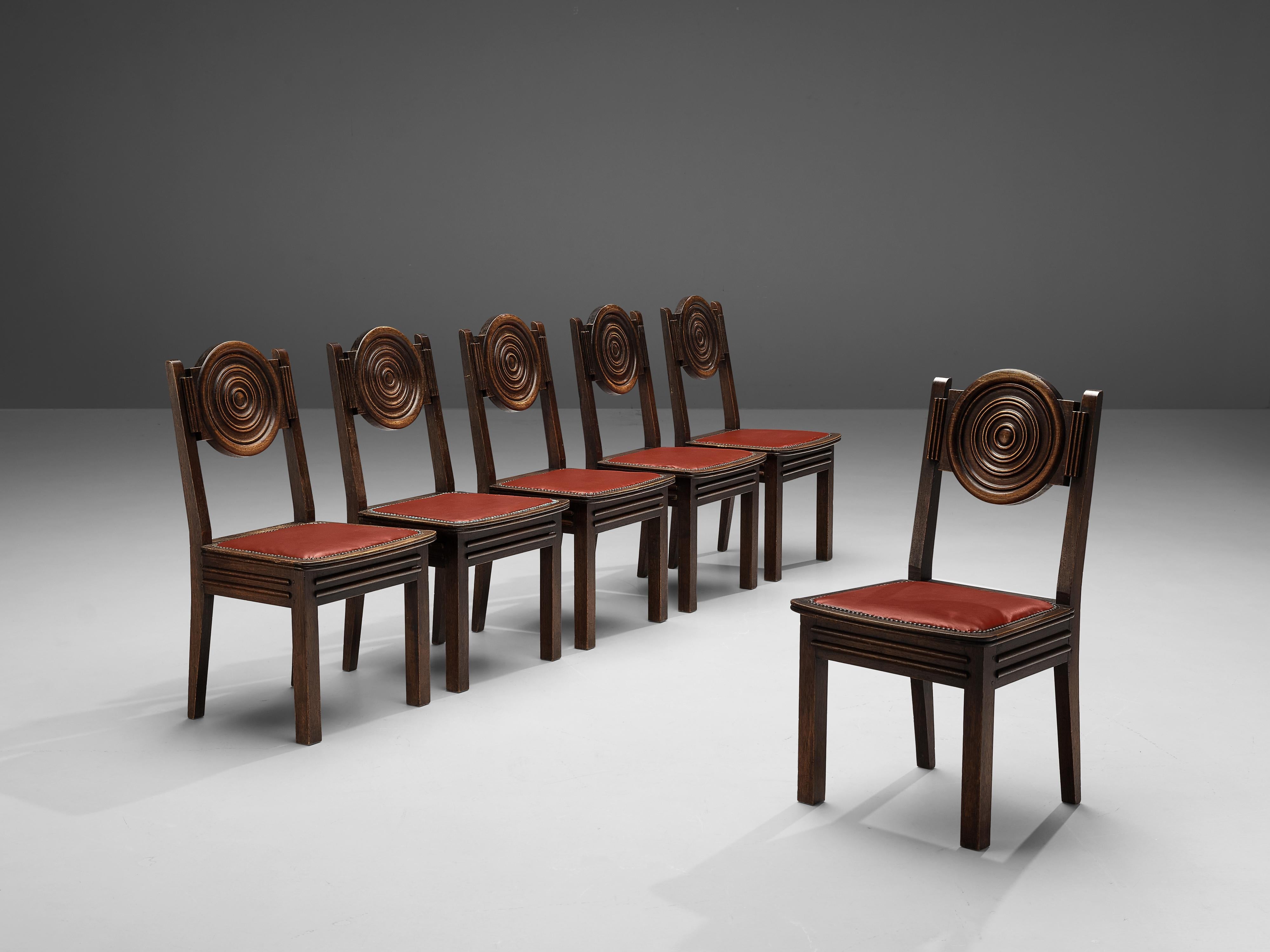 French Art Deco Set of Six Dining Chairs in Stained Oak and Red Leatherette