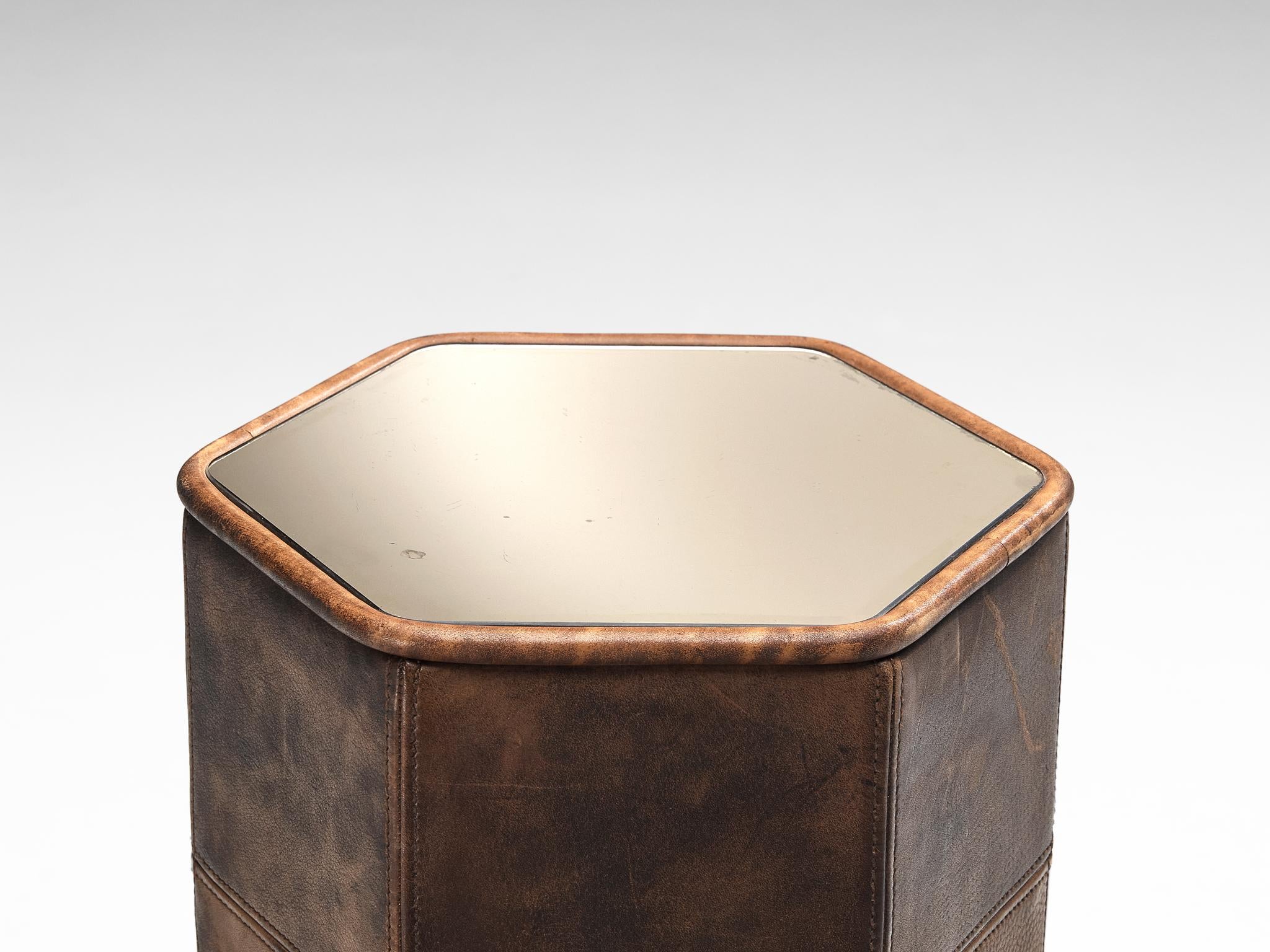 Pedestal or Side Table in Patchwork Leather with Mirrored Top