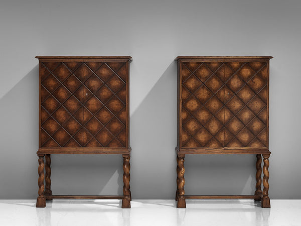 Swedish Grace High-Legged Pair of Cabinets with Carved Elements in Oak