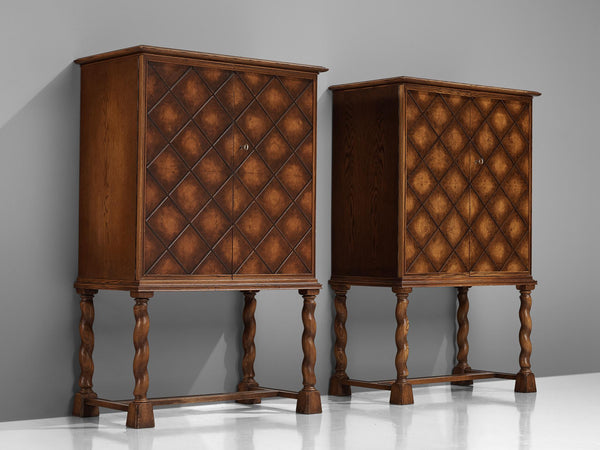 Swedish Grace High-Legged Pair of Cabinets with Carved Elements in Oak