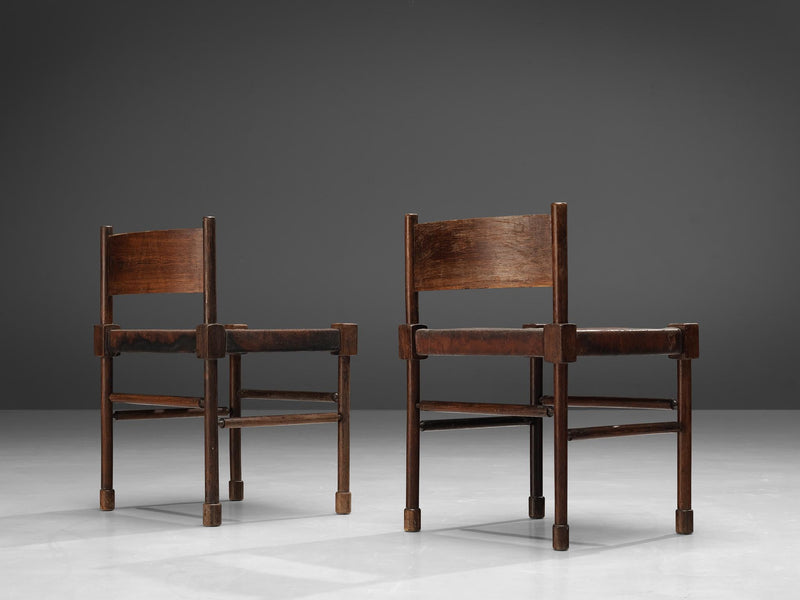 Brazilian Side Chairs in Original Patinated Leather and Stained Wood