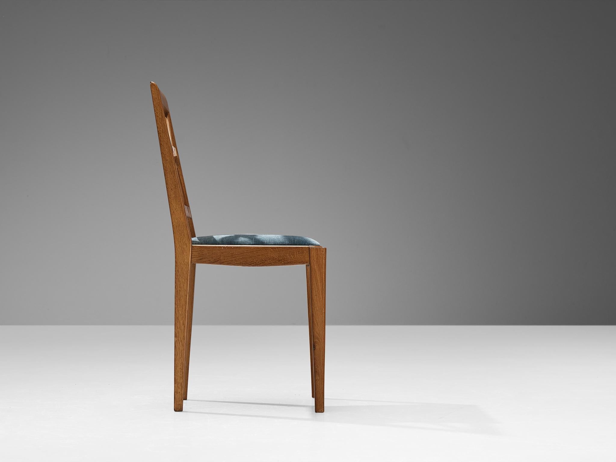French Dining Chair in Oak and Blue Velvet