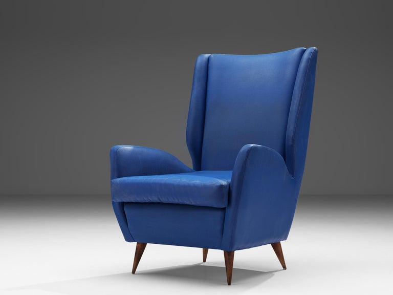 Italian High Back Lounge Chair in Blue Leather