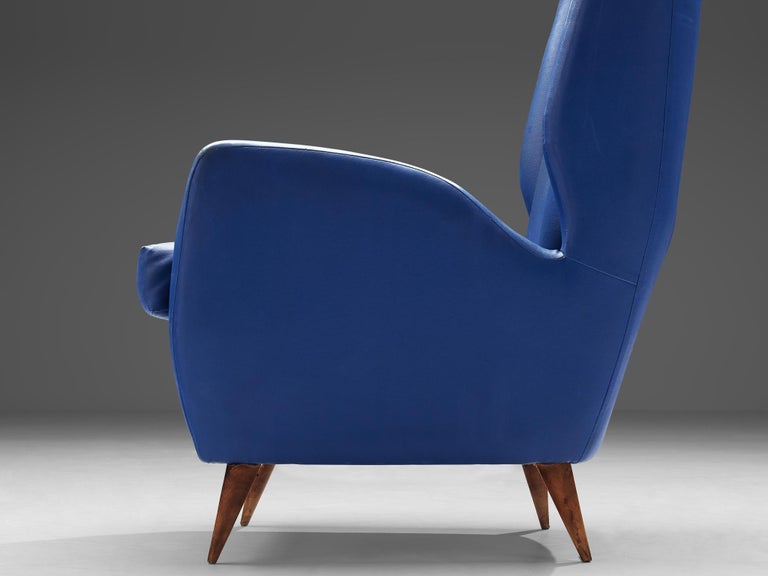 Italian High Back Lounge Chair in Blue Leather