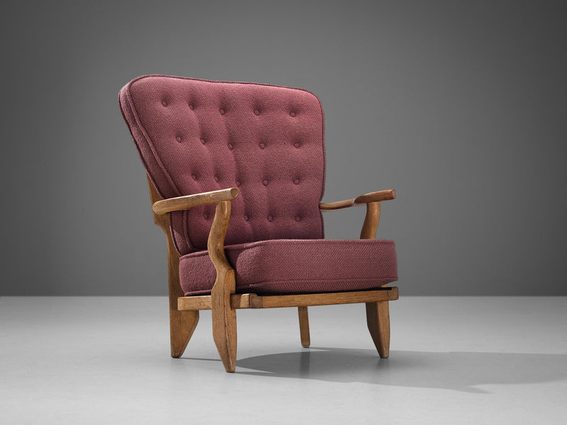Guillerme & Chambron 'Mid Repos' Lounge Chair in Oak and Pink Upholstery