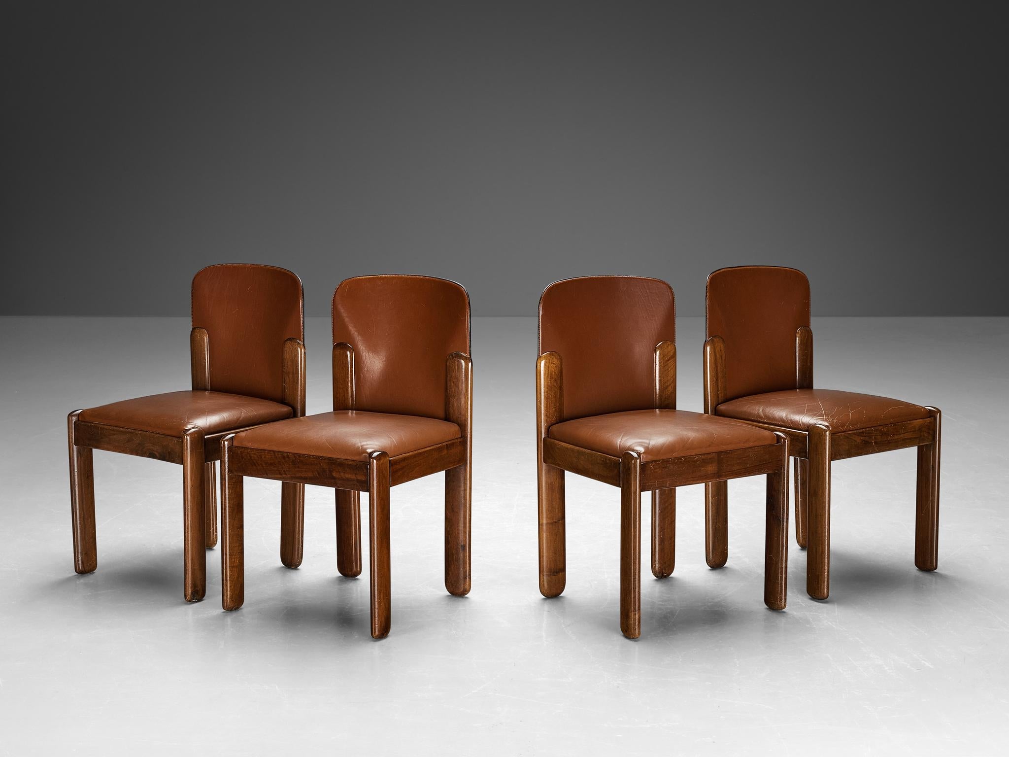 Silvio Coppola for Bernini Set of Four Dining Chairs in Brown Leather