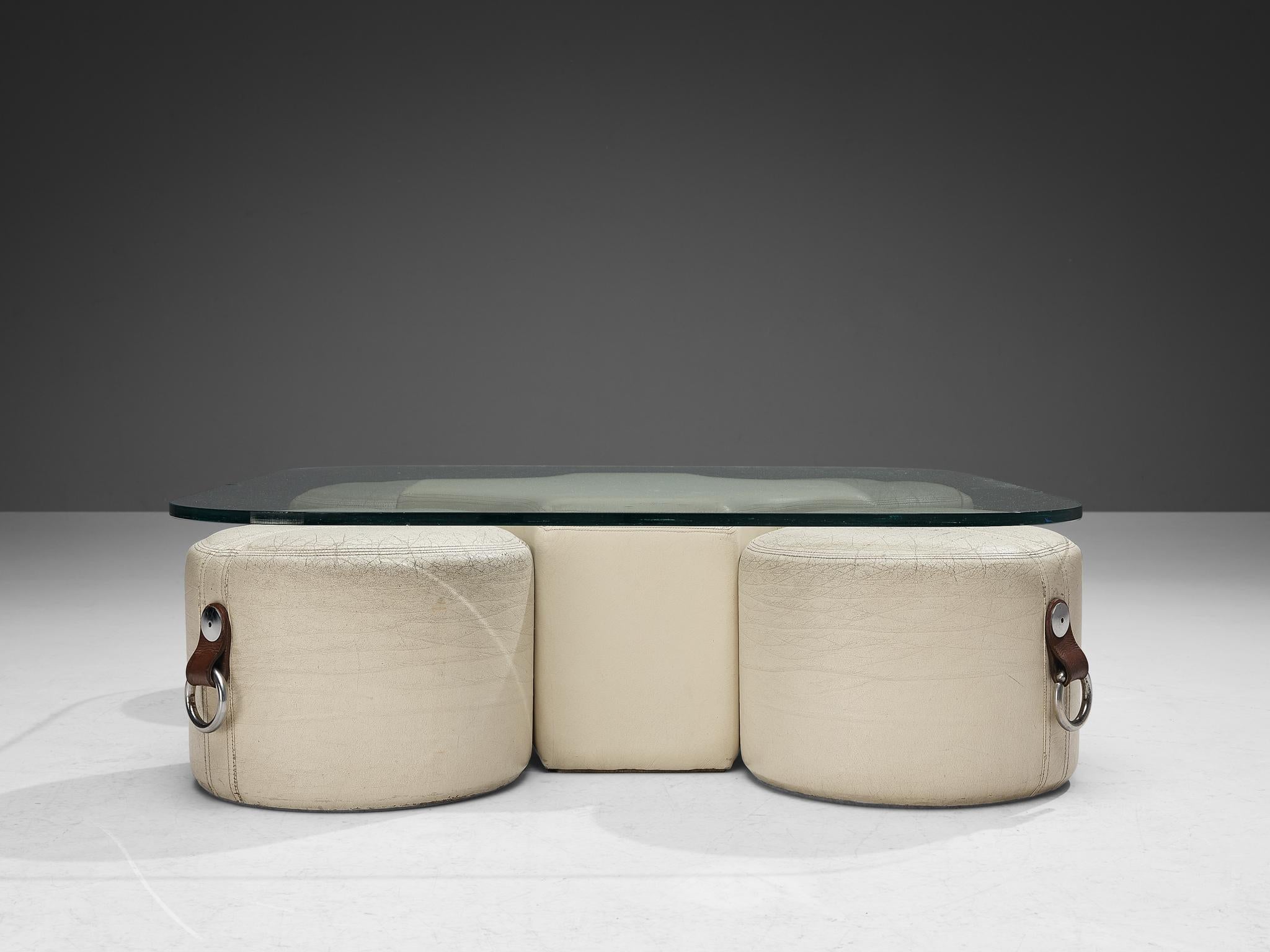 Guido Faleschini Rare Coffee Table with Four Stools in Leather