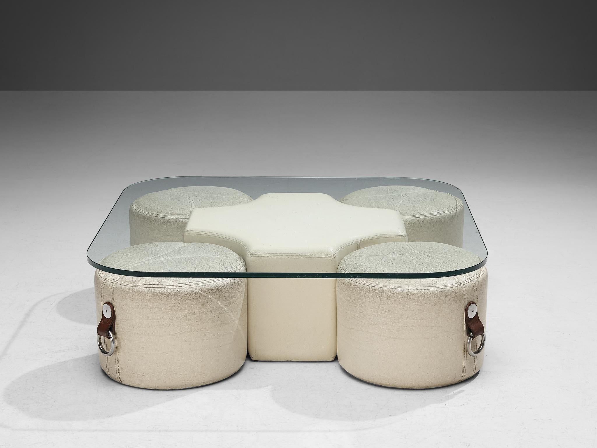 Guido Faleschini Rare Coffee Table with Four Stools in Leather