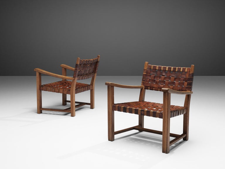 Pair of Armchairs in Cognac Leather and Oak