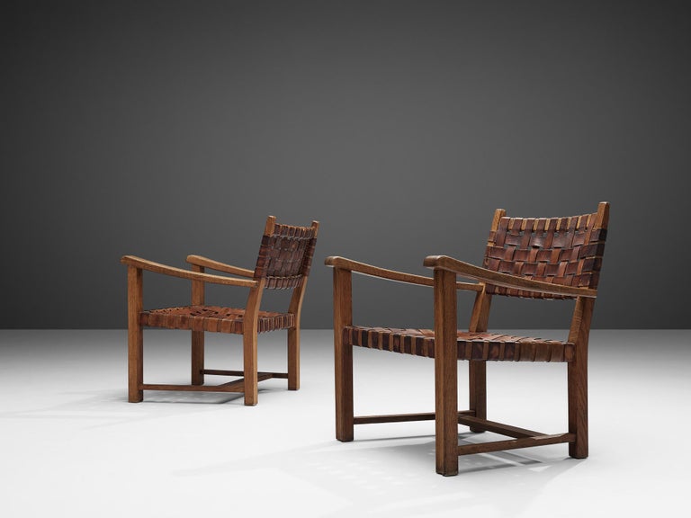 Pair of Armchairs in Cognac Leather and Oak