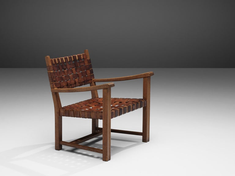 Armchair in Cognac Leather and Oak