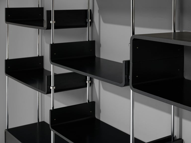 Michel Ducaroy Modular Wall Unit in Black Lacquered Wood and Steel