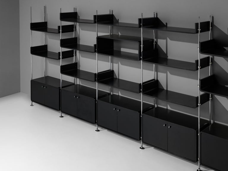 Michel Ducaroy Modular Wall Unit in Black Lacquered Wood and Steel