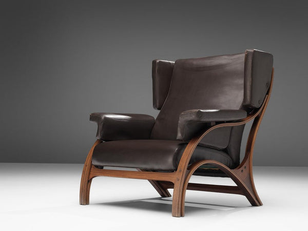 Giampiero Vitelli Pair of Wingback Chairs in Brown Leather