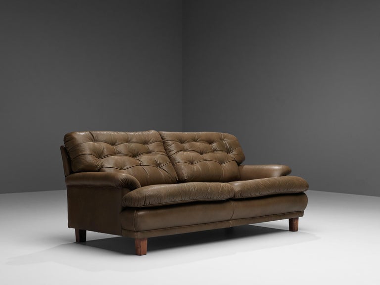 Arne Norell Two-Seater Sofa in Patinated Olive Green Leather