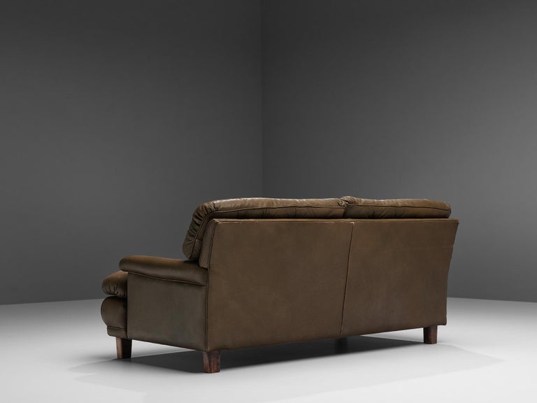 Arne Norell Two-Seater Sofa in Patinated Olive Green Leather