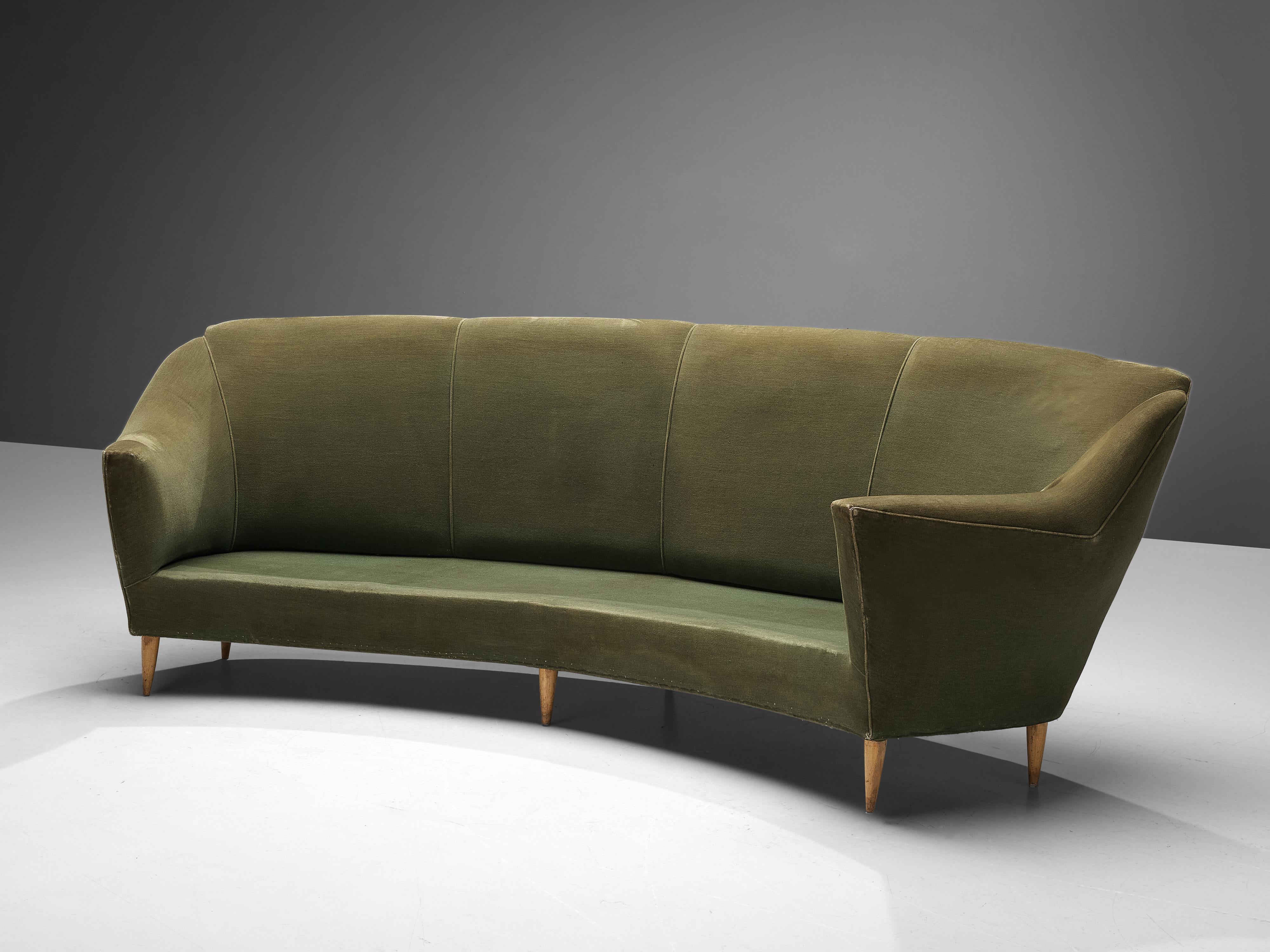 Italian Curved Three-Seat Sofa in Light Green Upholstery