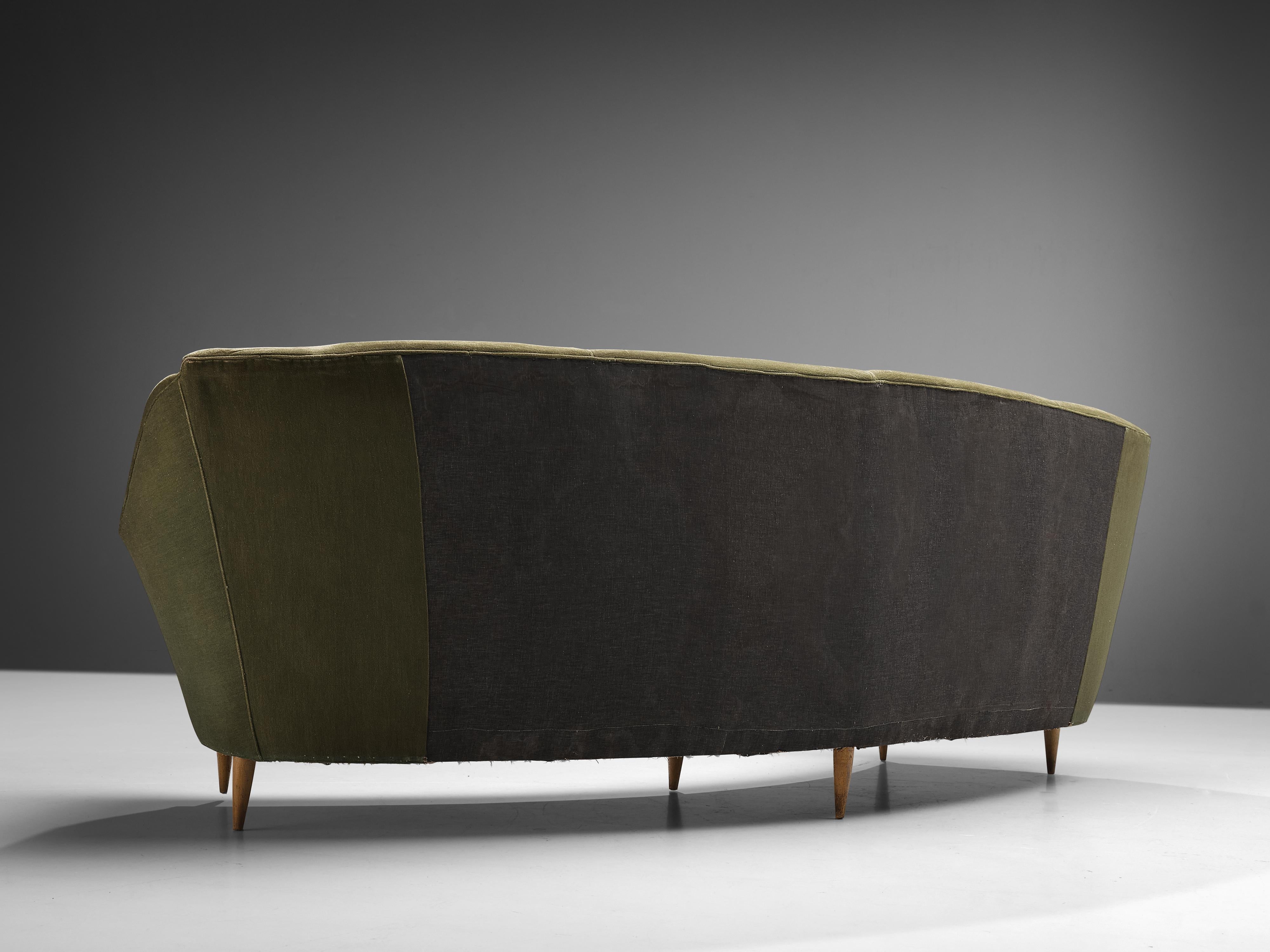Italian Curved Three-Seat Sofa in Light Green Upholstery