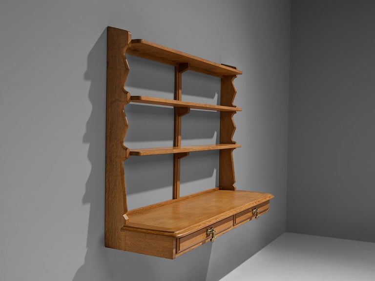 Guillerme & Chambron Wall-Mounted Shelf with Drawers in Oak