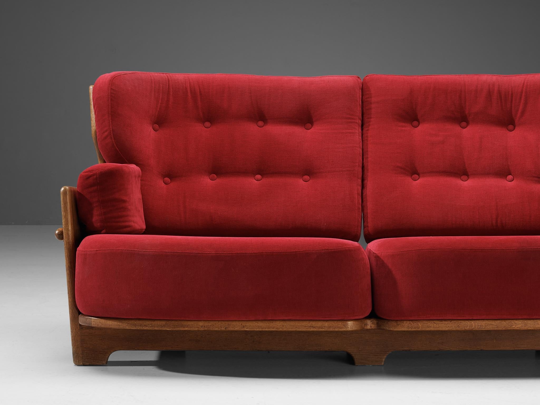 Guillerme & Chambron Sofa 'Denis' in Solid Oak and Red Velvet