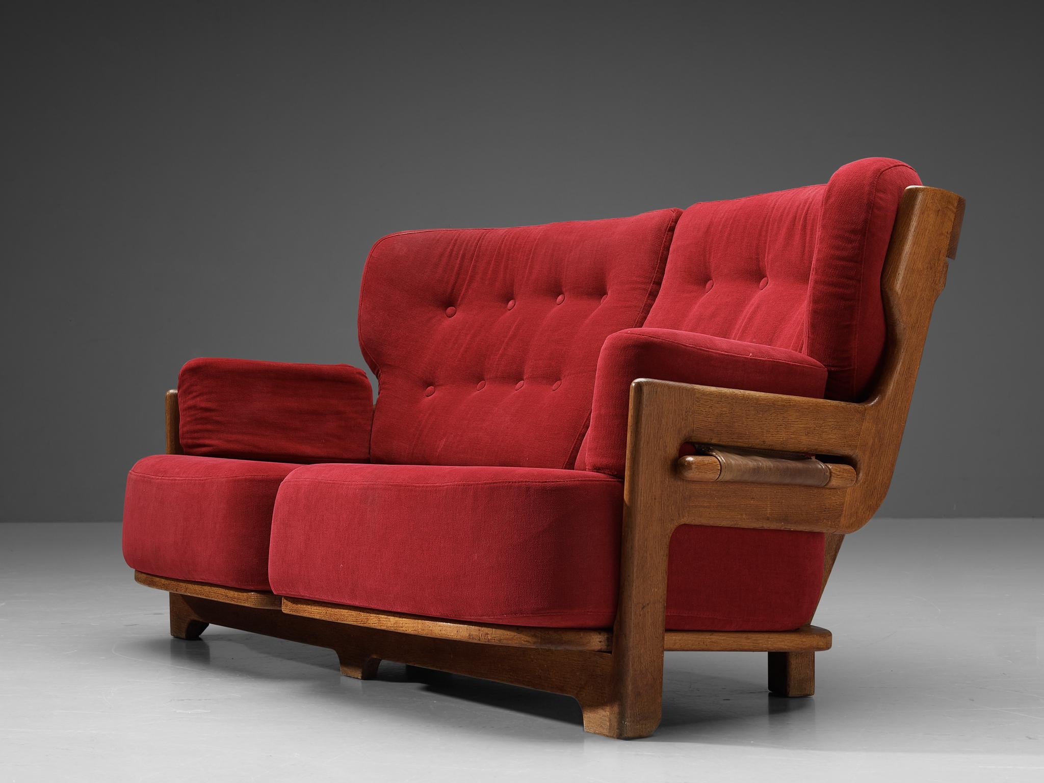 Guillerme & Chambron Sofa 'Denis' in Solid Oak and Red Velvet