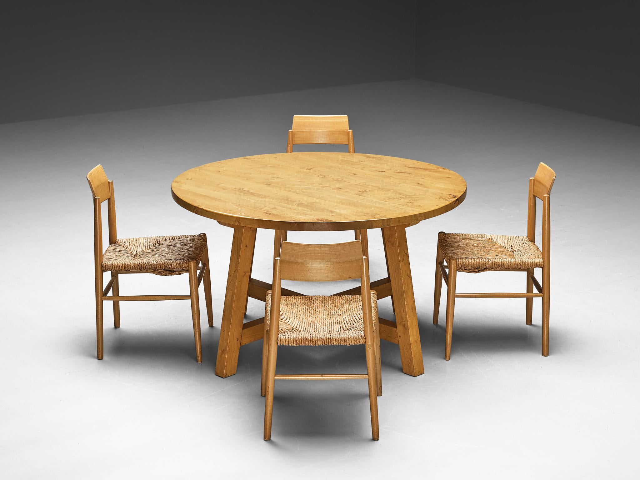 Natural Round Dining Table in Elm with French Set of Four Dining Chairs