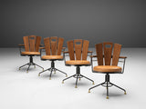 Italian Set of Four Swivel Armchairs in Oak and Metal with Leather Upholstery