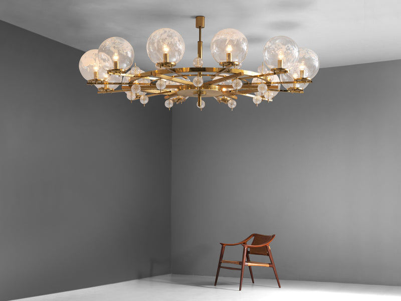 Grand Chandelier in Brass and Art-Glass Spheres