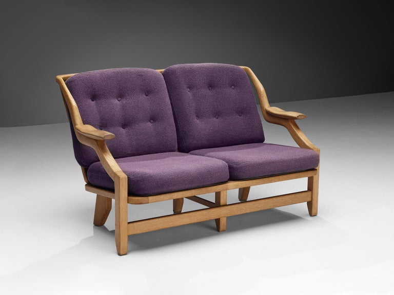 Guillerme & Chambron Sofa in Oak and Purple Upholstery